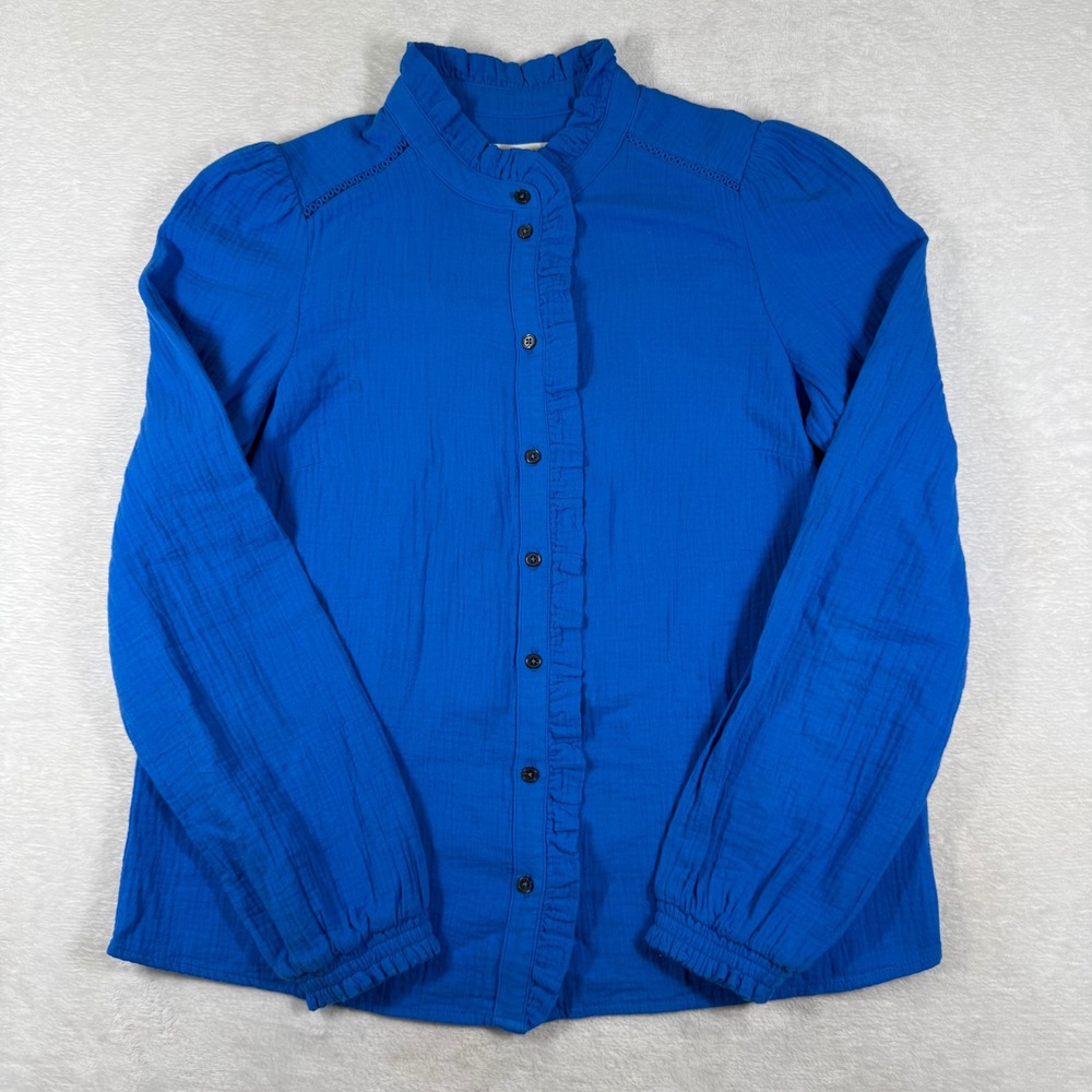 Boden Helena Cobalt Blue Double Cotton Ruffle Button Blouse Womens US 6 T1902